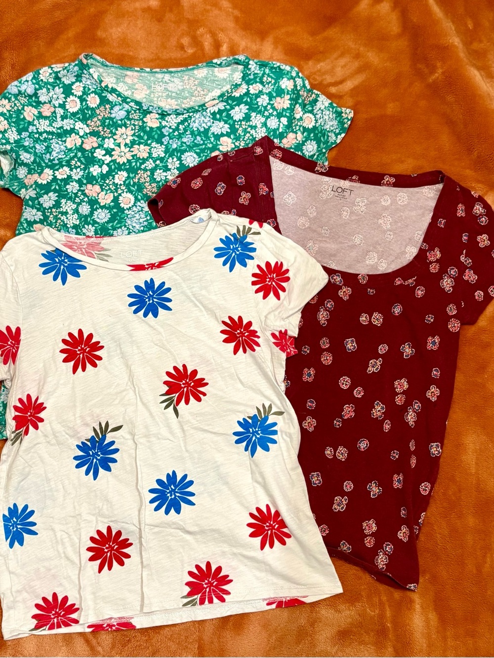 LOFT Floral Mix Tee Set - White, Green & Burgundy